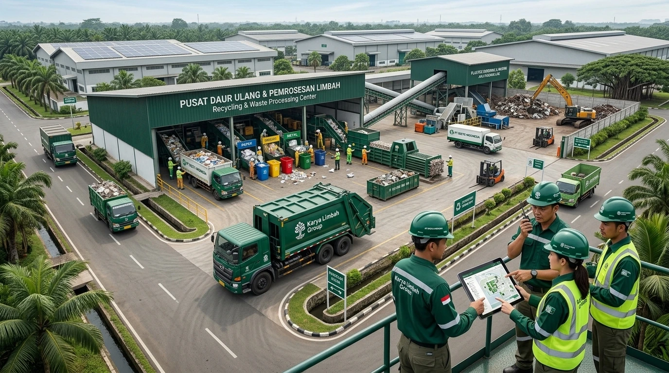 Armada truk Karya Limbah Group di fasilitas daur ulang dan pemrosesan limbah